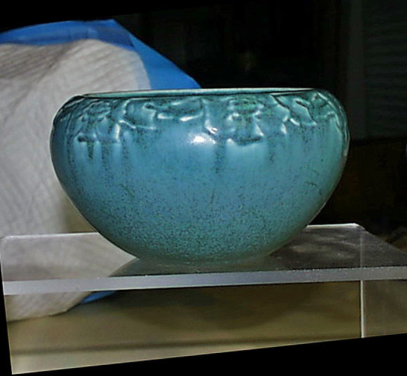 Perfect 1927 Rookwood Matte Green Blue Overspray Stylized Floral Design Bowl