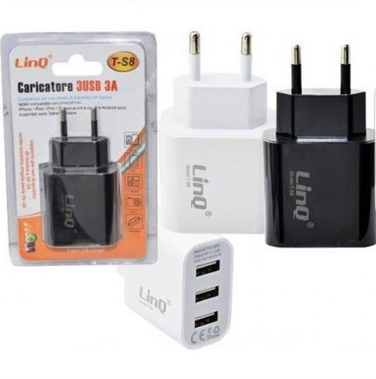 Alimentatore Caricabatterie Adattatore 3 Porte Usb Rete 3A Linq T-S8