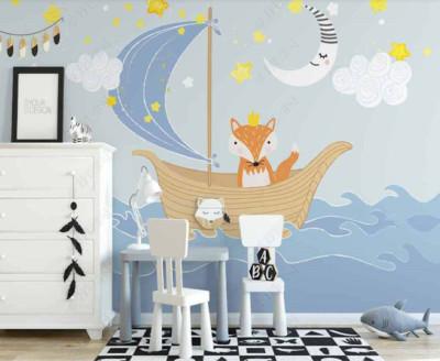 3D Fox Boat Cloud Moon Star Kids Self-adhesive Removeable Wallpaper Wall Mural