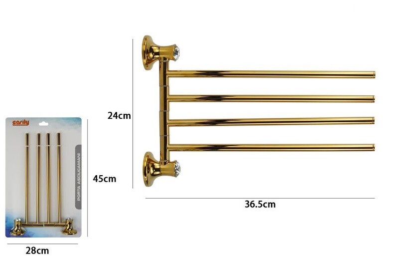 Porta Asciugamani 4 Bracci A Parete Bagno Dorato Crystal dfh