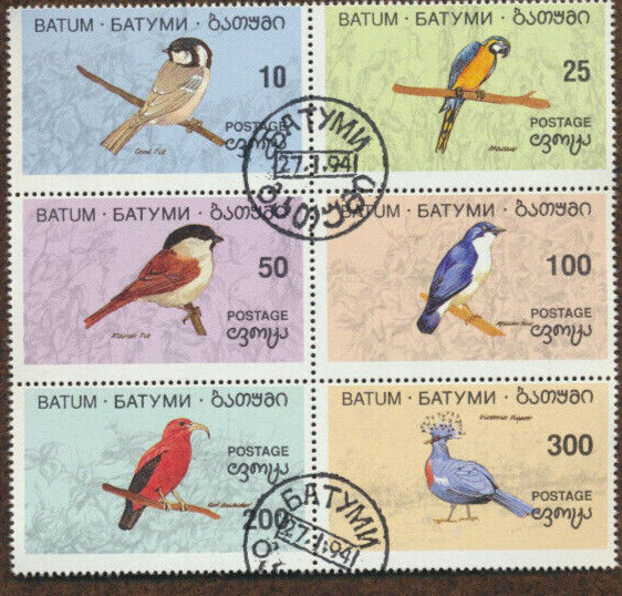 Batum BIRDS  Se-tenant  BLOCK of SIX  Vibrant colors.