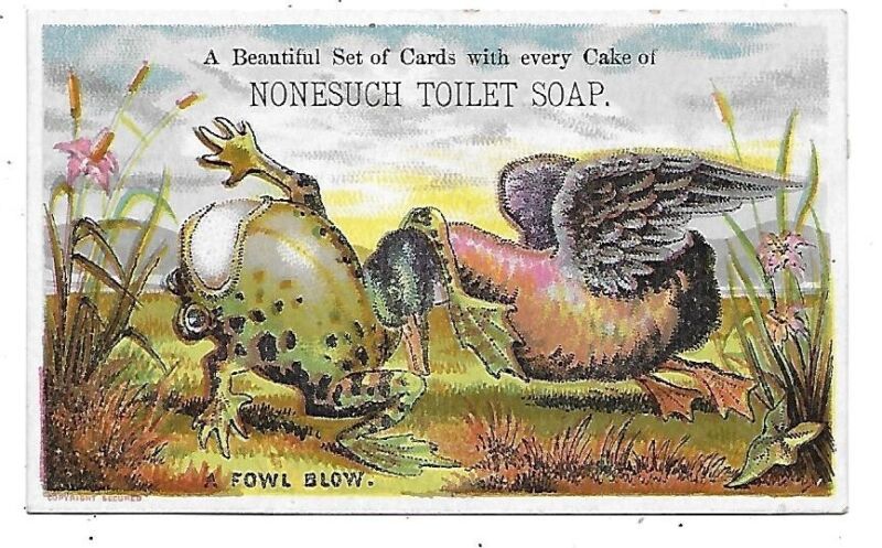 VERY RARE NONESUCH TOILET SOAP VICTORIAN TRADE CARD-"A FOWL BLOW" DUCK & FROG