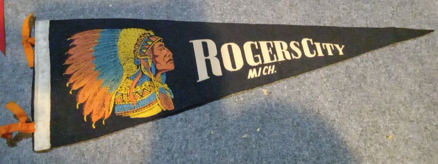 1940s? Native American Indian Small Town Felt Pennant ROGERS CITY MICHIGAN  24"