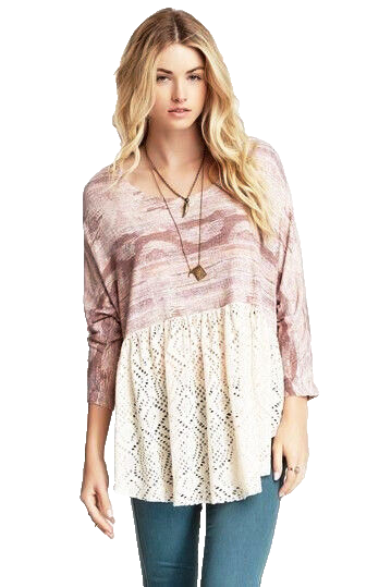 Free People S Purple Pink Cream Lace Dolman Knit Top Blouse Swing Flowy