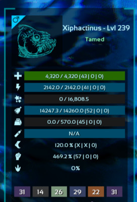 ARK Survival Ascended PvE New Dino Top Stats Xiphactinus 469m PC/XBOX/PS5 ASA