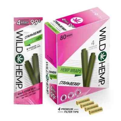 Wild H. Organic Wrap Rolling Paper Strawberry Full Box 20 Pouches / 4 per Pack