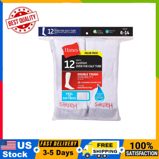 Flash Sale! Men's Double Tough Durability Over-the-Calf Tube Socks, 12-Pack