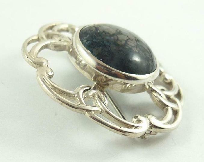 Vintage Sterling Silver & Moss Agate Scottish / Celtic Brooch or Pin