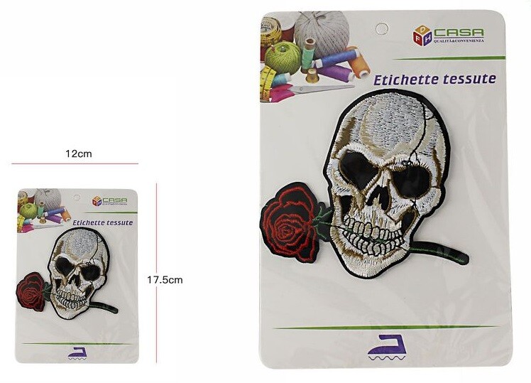 Toppa Patch In Tessuto Abbigliamento Ricamata Fantasia Teschio Con Rosa dfh