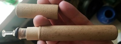 1880s ERA GLASS SYRINGE GLASS PLUNGER w/ CLOTH WRAPPING NOS WOODEN TUBE NICE!