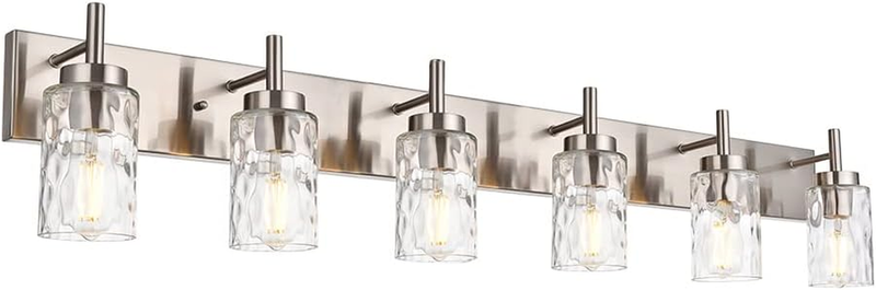 Mid-Century Bathroom Vanity Wall Light with Clear Water Glass, Farmhouse 6 Light Bath Lighting over Mirror Modern Brushed Nickel Sconce Wall Lamp for Dining Room Dressing Table Vanity Table