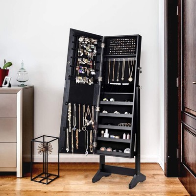 Durable Jewelry Cabinet Stand Mirror Armoire with Large Storage Box-Black