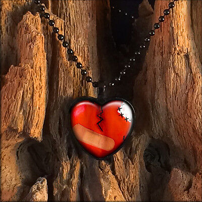 Love Hurts Broken Zombie Heart Black Horror Emo Valentine Glass Pendant Necklace