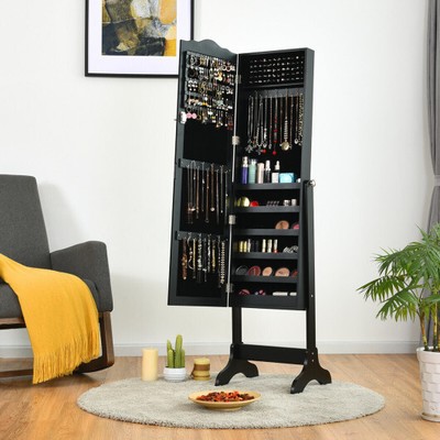 Durable Mirrored Lockable Jewelry Cabinet Armoire Organizer Storage Box-Black
