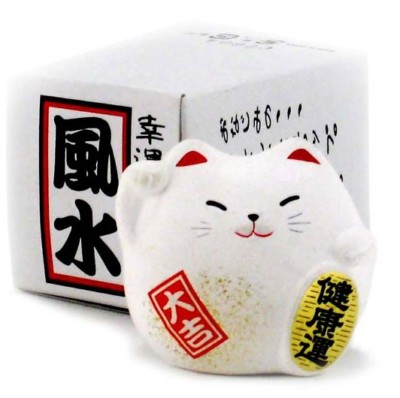 SET of 2 Japanese White & Red Maneki Neko Cat GOOD HEALTH & CAREER Made in Japan