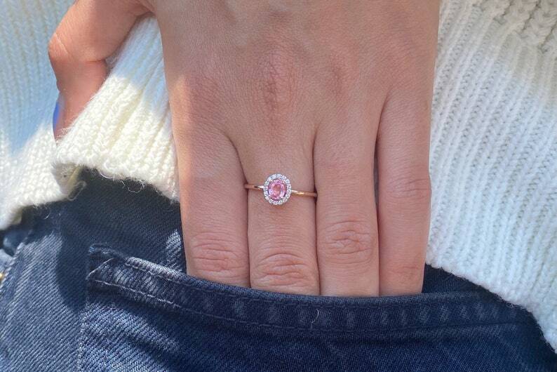 Pre-owned Handmade Oval Pink Sapphire Ring, 14k Diamond And Sapphire Engagement Ring, Natural Pink In White