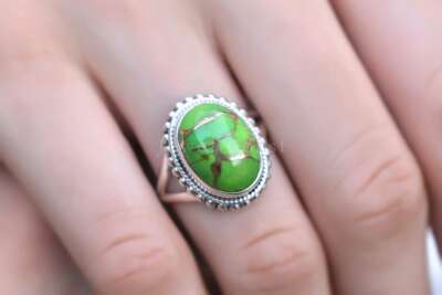 Green Copper Turquoise Ring 925 Sterling Silver Band Ring Handmade Jewelry FT45