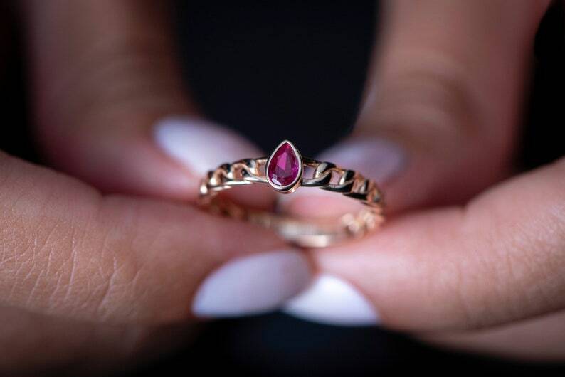 Pre-owned Handmade Ruby Ring / Teardrop Ruby / Ruby Knot Ring / 14kt Rose Gold Ruby Ring / Dainty In White