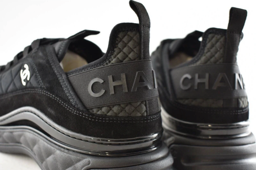 Pre-owned Chanel 21k Mens Black Grey Cc Logo Lace Up Tie Low Top Trainer Sneaker 44 11 In Gray