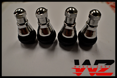 Set of 4 New Black Rubber Wheel Tire Valve Stems Complete w Chrome Caps TR412