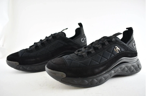 Pre-owned Chanel 21k Mens Black Grey Cc Logo Lace Up Tie Low Top Trainer Sneaker 44 11 In Gray