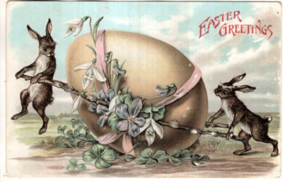 ANTIQUE EMBOSSED EASTER Postcard    TWO BUNNIES ATTEMPTING TO CARRY EGG ON POLE