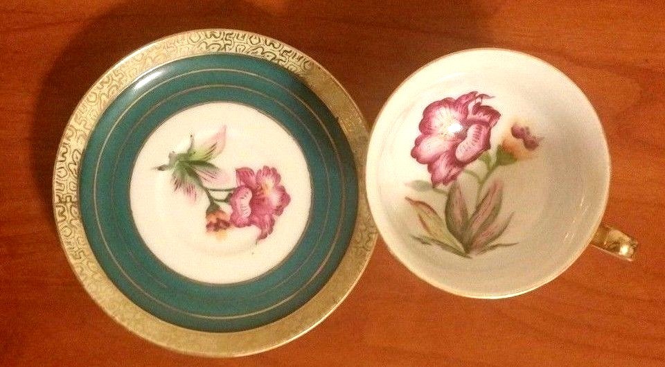 Shafford Hand Painted Japan Miniature Cup and Saucer Green & Gold W/Red Iris