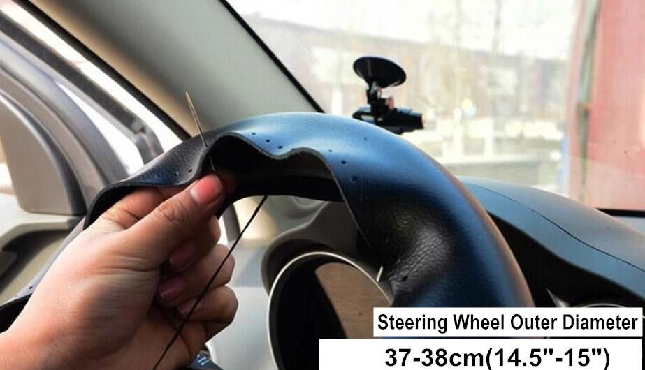 38CM DIY Black Genuine Leather Steering Wheel Cover Wrap Sewon Kit For