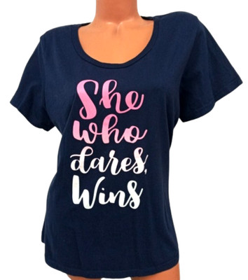 Women's blue crew neck she who cares wins stretch women's short sleeve top 1X