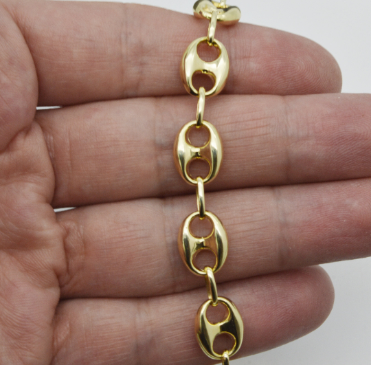 BH JEWELRY REAL 10K YELLOW GOLD 10 MM MENS PUFFED MARINER LINK CHAIN BRACELET 9.5GR