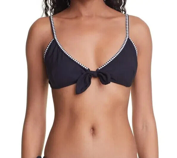 LEMLEM Sara Bikini Top Women's XS Black Jacquard Trim Straps Tie Front Closure - Picture 1 of 15