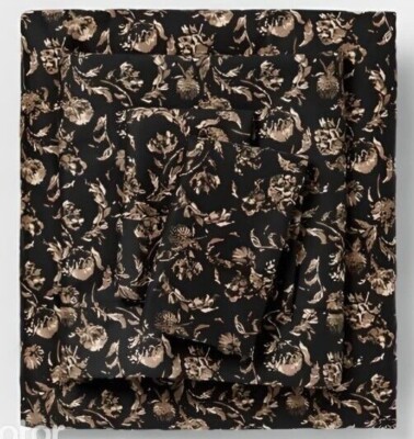 Threshold 400 TC  Performance  Natural Bella Black Floral Sheet Set Twin XL new