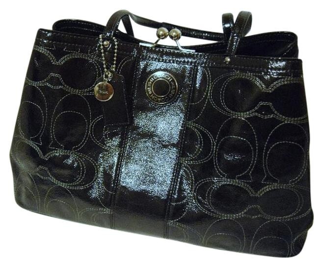 Coach F19215 Black Patent Leather Logo Kiss lock Carryall