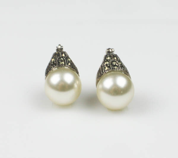 925 Sterling Silver Pearl Earrings, Marcasite Setting, Snap, 10mm pearl