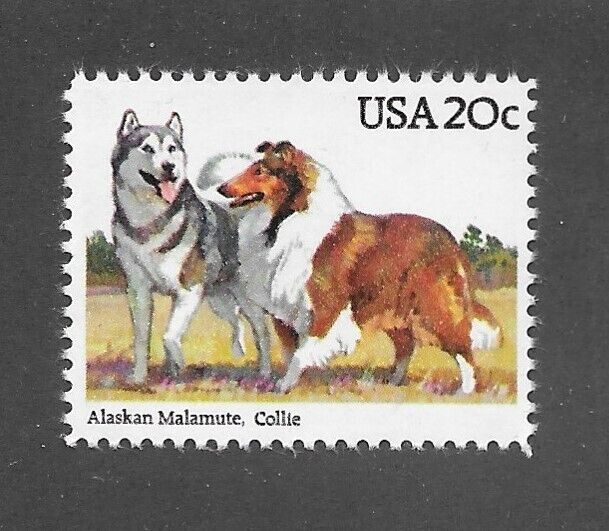 Dog Art Body Portrait Postage Stamp ALASKAN MALAMUTE ROUGH COATED COLLIE USA MNH
