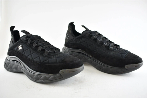 Pre-owned Chanel 21k Mens Black Grey Cc Logo Lace Up Tie Low Top Trainer Sneaker 44 11 In Gray