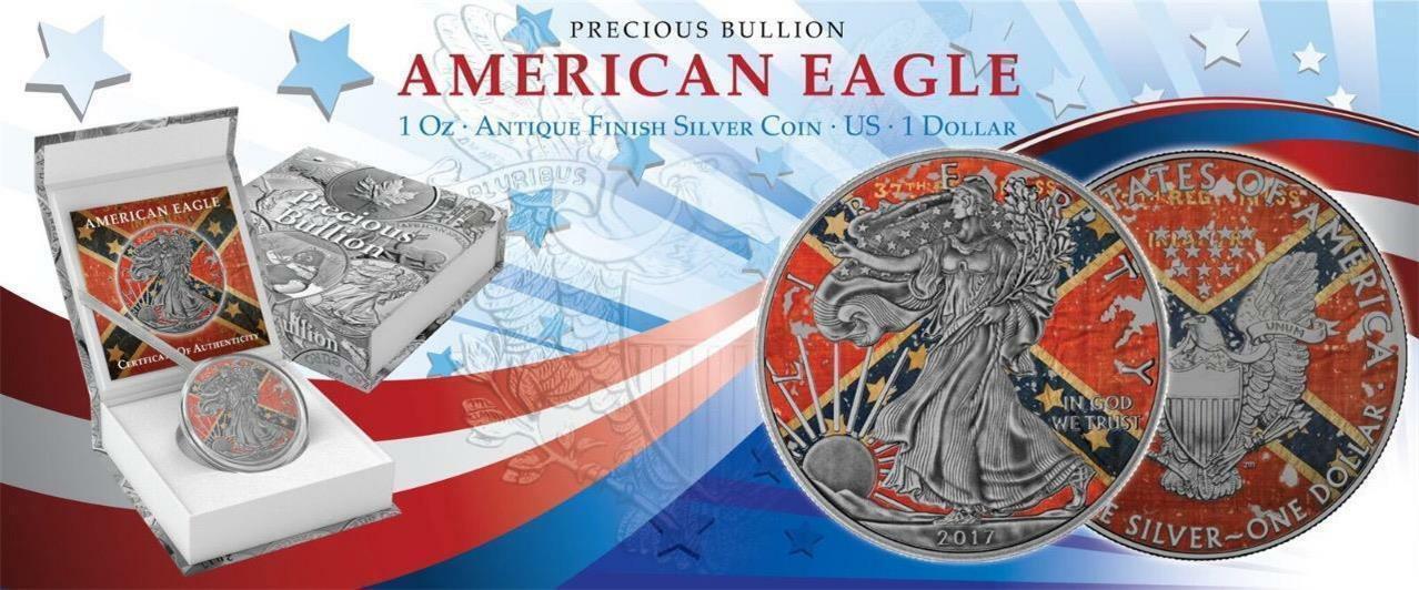 USA 2017 1$ American Eagle Liberty Confederate Flag 1 Oz Antique Coin Silver