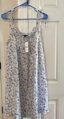 JCREW Cotton Linen Sleep Dress Size XS Tie Shoulder White Blue Floral - NWT