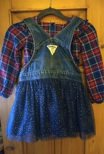 Oshgosh Blue Jean Bibbed, Tullee Skirt  Red and Blue Plaid Shirt T3