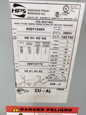 Hammond 600Y / 346 Hv 480Y / 277 LV  75 Kva Transformer 192782 #6752S