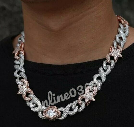 Pre-owned Online0369 25ct Simulated Diamond Mens Two Tone Evil Eye Star Infinity Cuban Necklace Stud In White