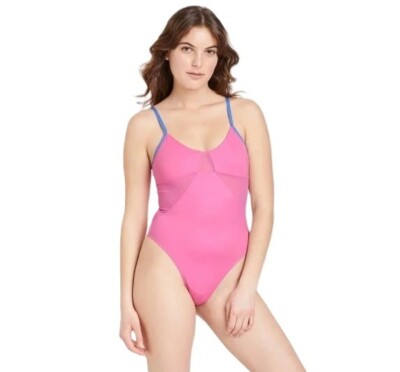 Colsie Size Large Pink & Blue Trim Pull-On Sleeveless Bodysuit w/ Mesh Panels