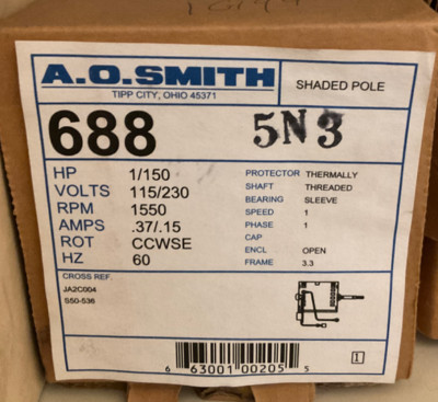Magnetek 688 -1/150 HP Blower Motor - JA2C408D (NSN: 6105-00-032-0361)