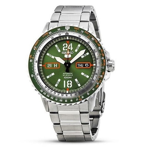 Pre-owned Seiko 5 Sports Srp349k1 Automatic Watch Green Army Dial Stainless Steel Day Date