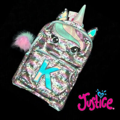 New Justice Pastel Unicorn Flip Sequin Lg School Backpack Horn Ears Initial C K
