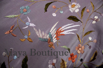 Pre-owned Maya Matazaro Embroidered Silk Fringe Jacket Kimono Lilac Multi Birds Flower Usa In Purple
