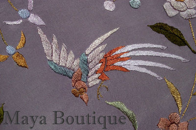 Pre-owned Maya Matazaro Embroidered Silk Fringe Jacket Kimono Lilac Multi Birds Flower Usa In Purple