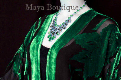 Pre-owned Maya Matazaro Emerald & Black Silk Burnout Velvet Jacket Short Kimono No Fringe  In Green