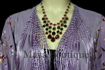 Pre-owned Maya Matazaro Embroidered Silk Fringe Jacket Kimono Lilac Multi Birds Flower Usa In Purple