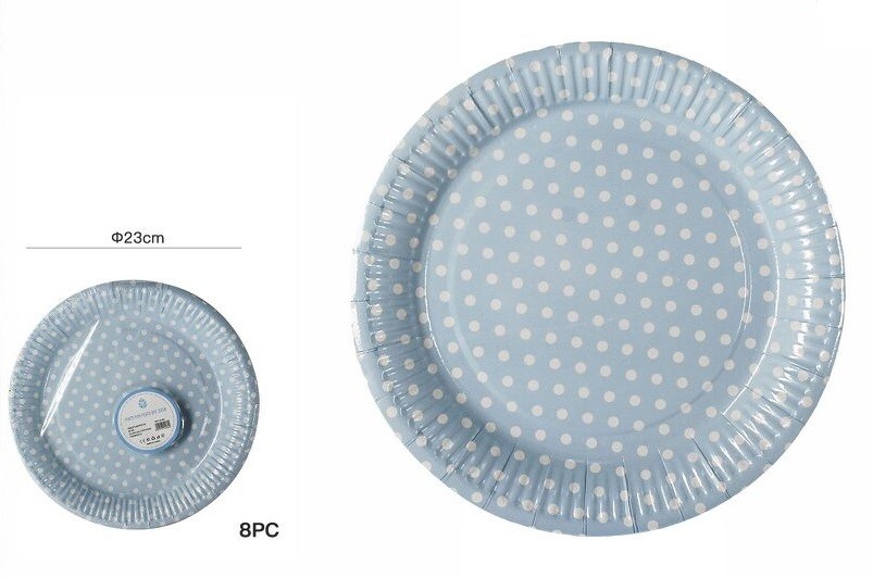 Set 8 Pezzi Piatti 23cm Azzurro Pois Bianchi In Carta Feste Compleanni Party dfh